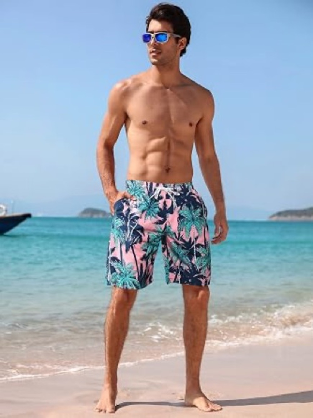 Men's ✨ Swim Trunks Large Tropical Pink Navy Green 9" Inseam